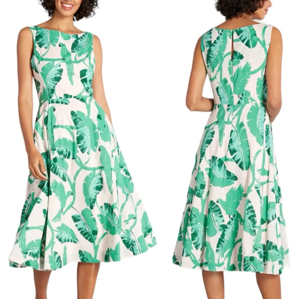 Emily and Finn From the Treetops Leaf Parrot Print A Line Midi Dress Size XS